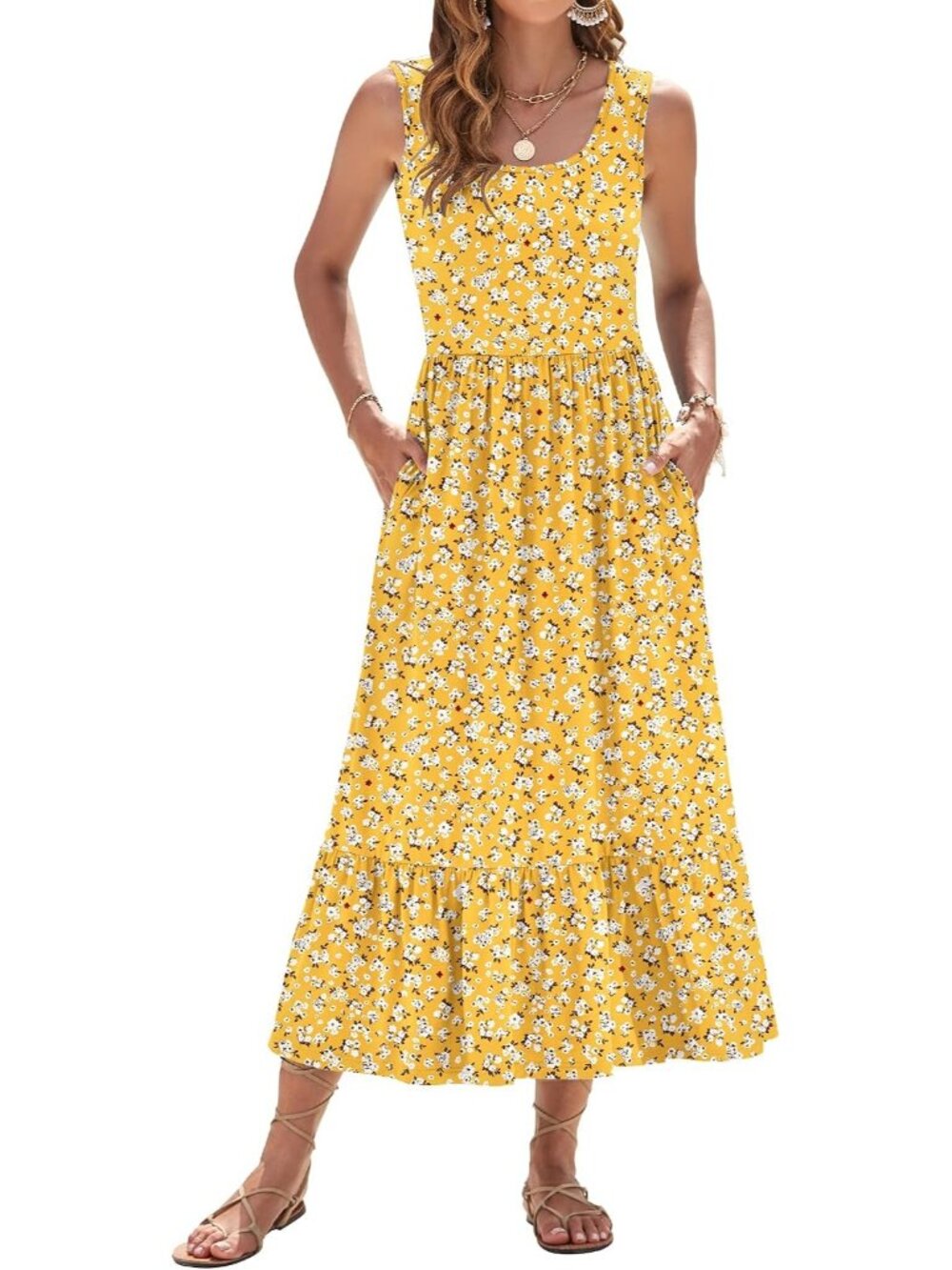〽️Women's Yellow Floral Maxi Dress Square Neck Tiered Sleeveless Pockets Summer - Picture 2 of 6
